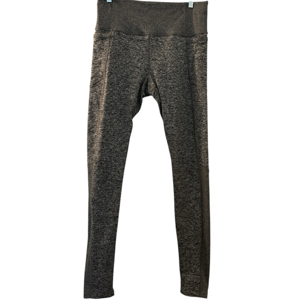 ATHLETA leggings tights, size Large. Gray and black, wide waistband, 2 pockets.